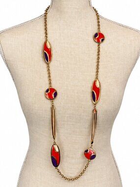 Kenneth Cole Gold Tone Red & Purple Enamel Long Station Necklace